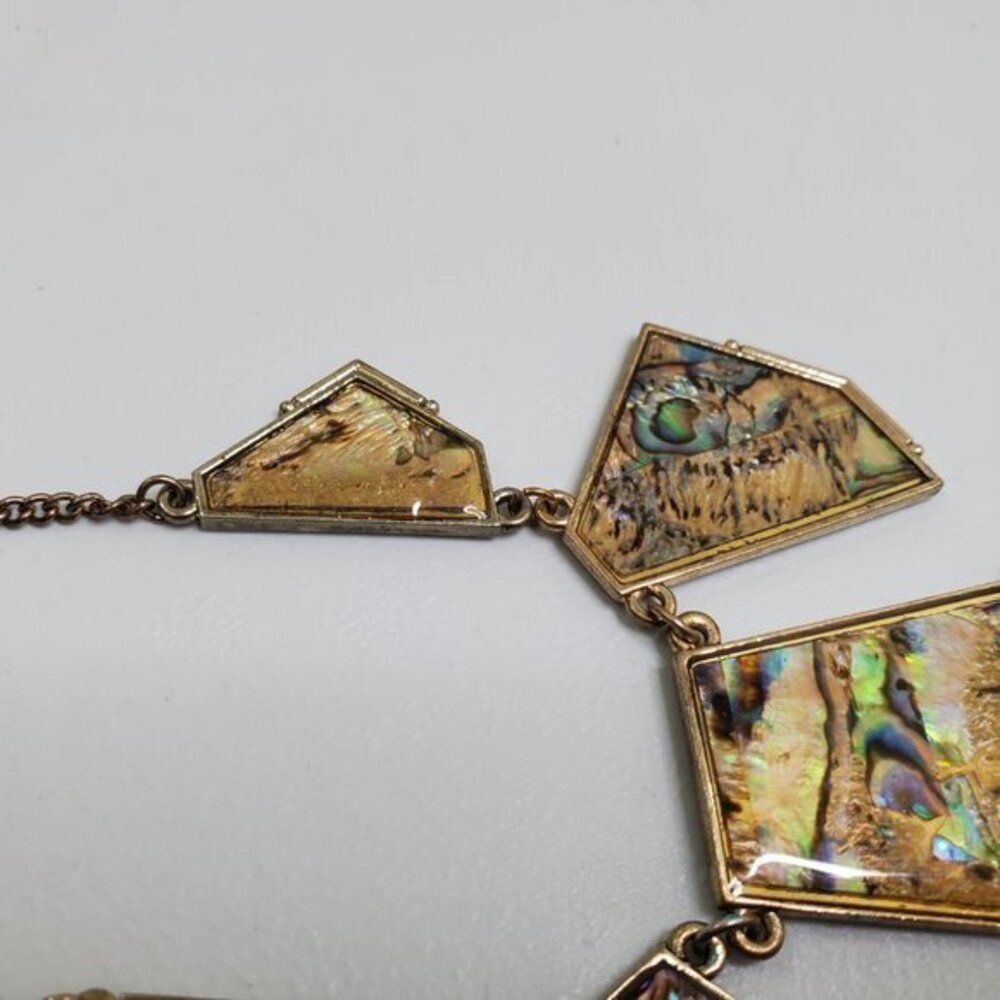 Abalone Necklace Statement Oil Spill Gold Tone Geometric Chain Big Green - Picture 3 of 7